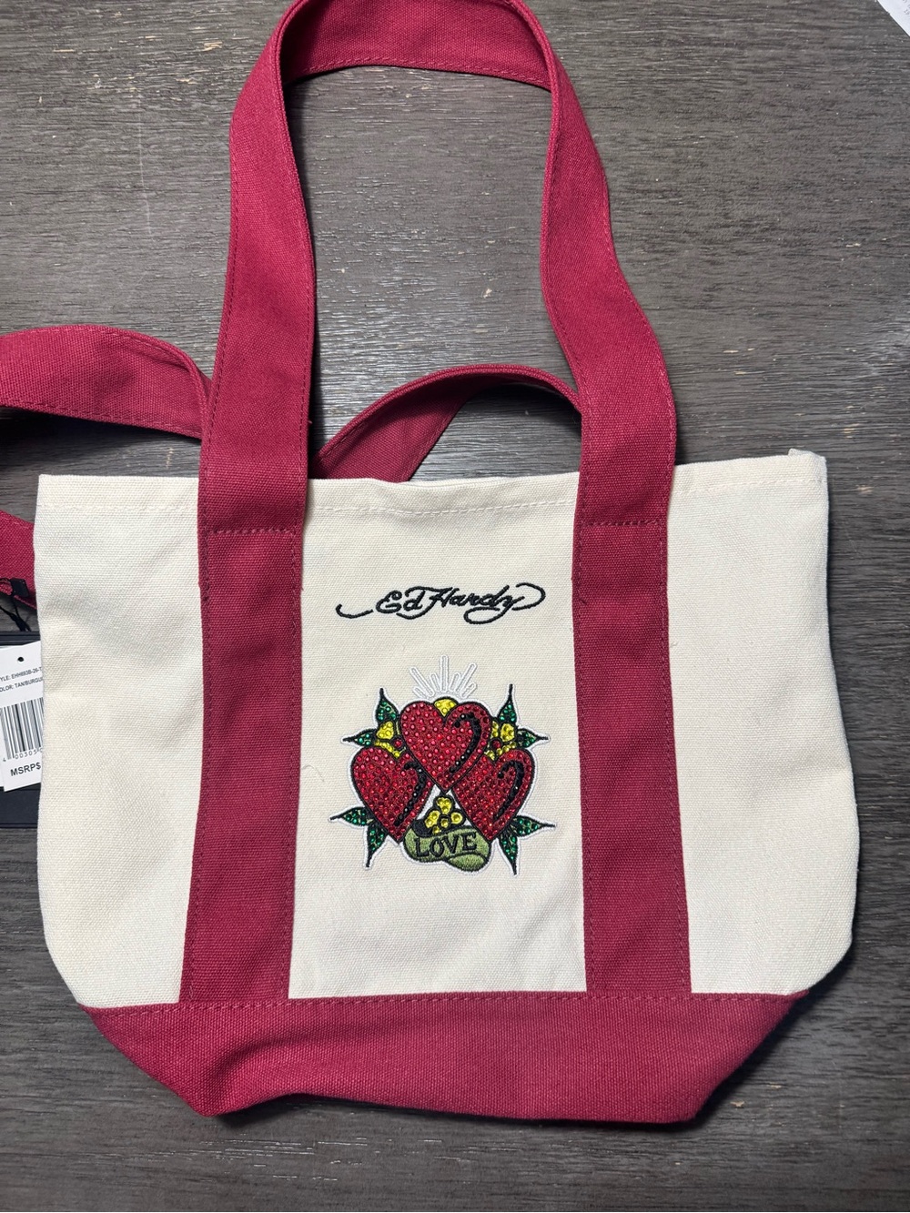 Ed Hardy Cream Canvas Tote with Red Straps and Heart Patch Y2K